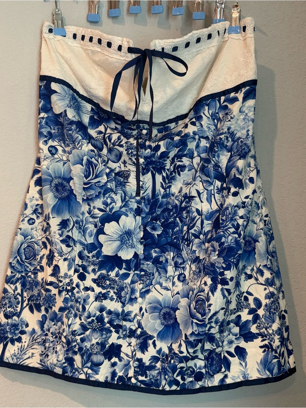 Maeve Blue and White Floral A-Line Skirt with Navy Trim